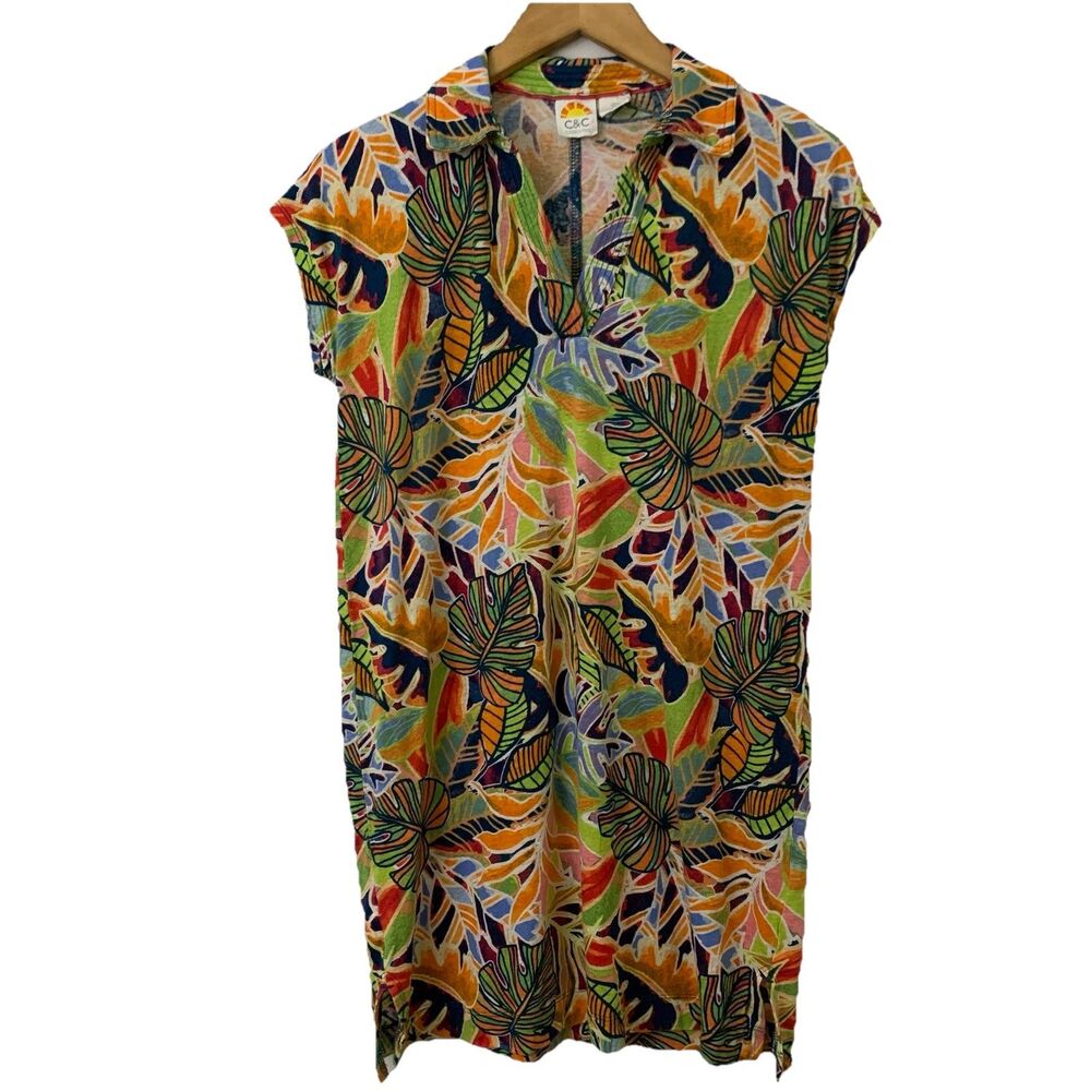C&C California Dress Womens S Colorful Tropical Floral Linen Blend Midi Resort